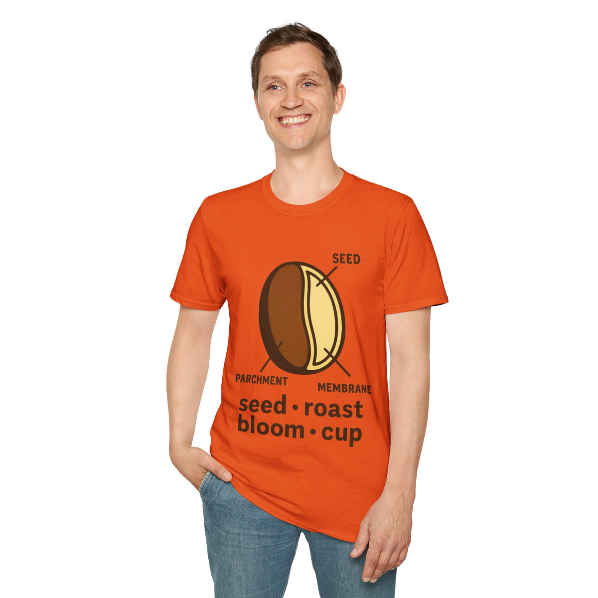 "Seed Roast Bloom Cup" Coffee Bean Graphic Tee - Minimalist Barista Aesthetic White T-Shirt - Trending Now - September 2026