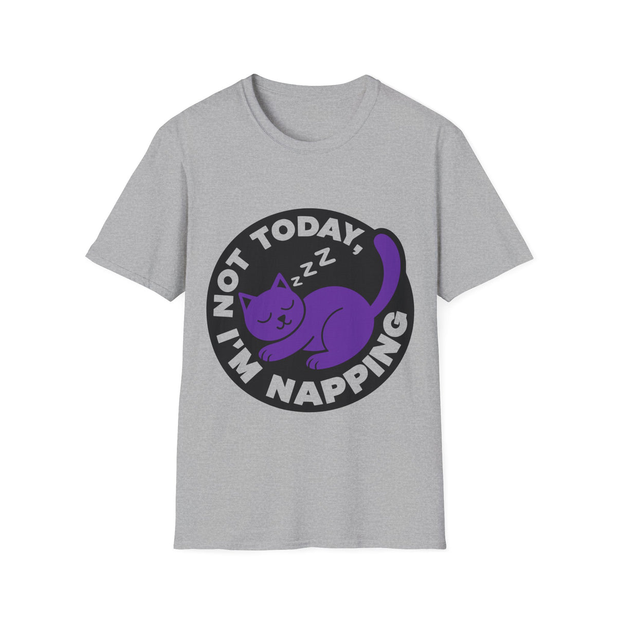 Not Today I'm Napping Purple Cat Tee - Funny Sleeping Kitten Badge Graphic T-Shirt - Trending Now - September 2026