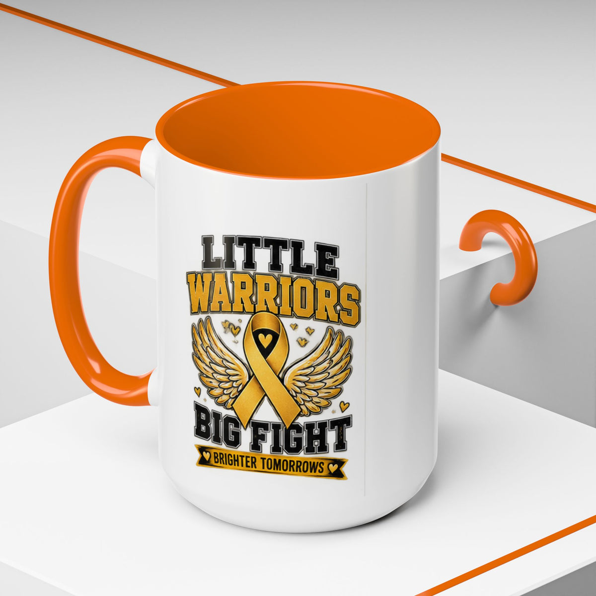 Little Warriors Big Fight Childhood Cancer Awareness Coffee Mug — Gold Ribbon Support Accent Mug