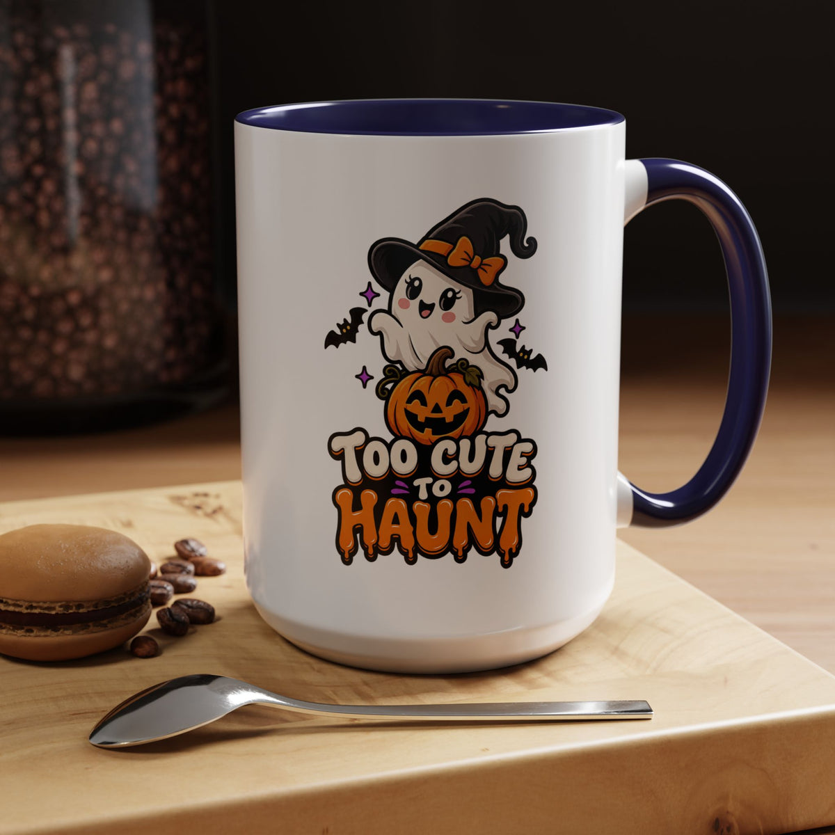 Halloween Coffee Mug - 'Too Cute to Haunt' Ghost Pumpkin Accent Mug