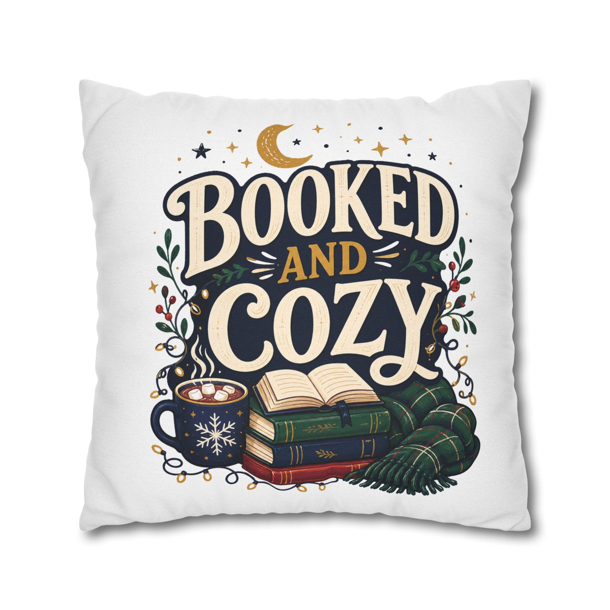 Booked and Cozy Square Pillowcase Modern Day Christmas — Booklover Decorative Throw Pillow Cover