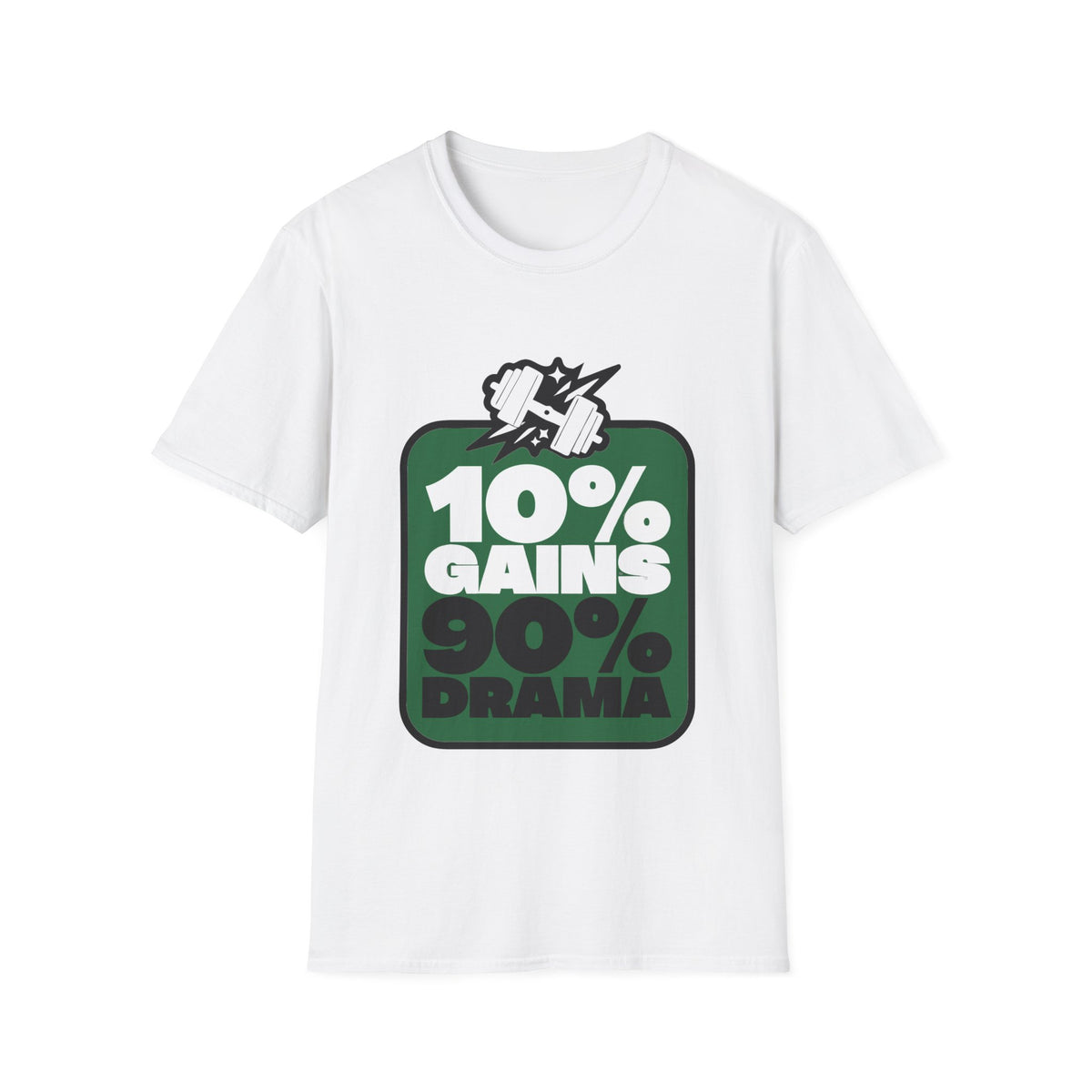 10% Gains 90% Drama Green Badge T-Shirt - Retro Gym Block Graphic Tee - Trending Now - September 2026