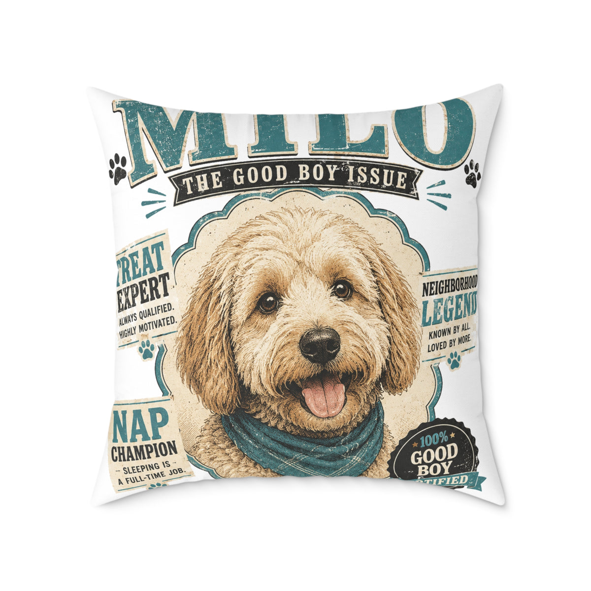 Milo Bailey Dog Dad Mom Square Poly Canvas Pillow — Personalized "Milo The Good Boy Issue" Dog Throw Pillow