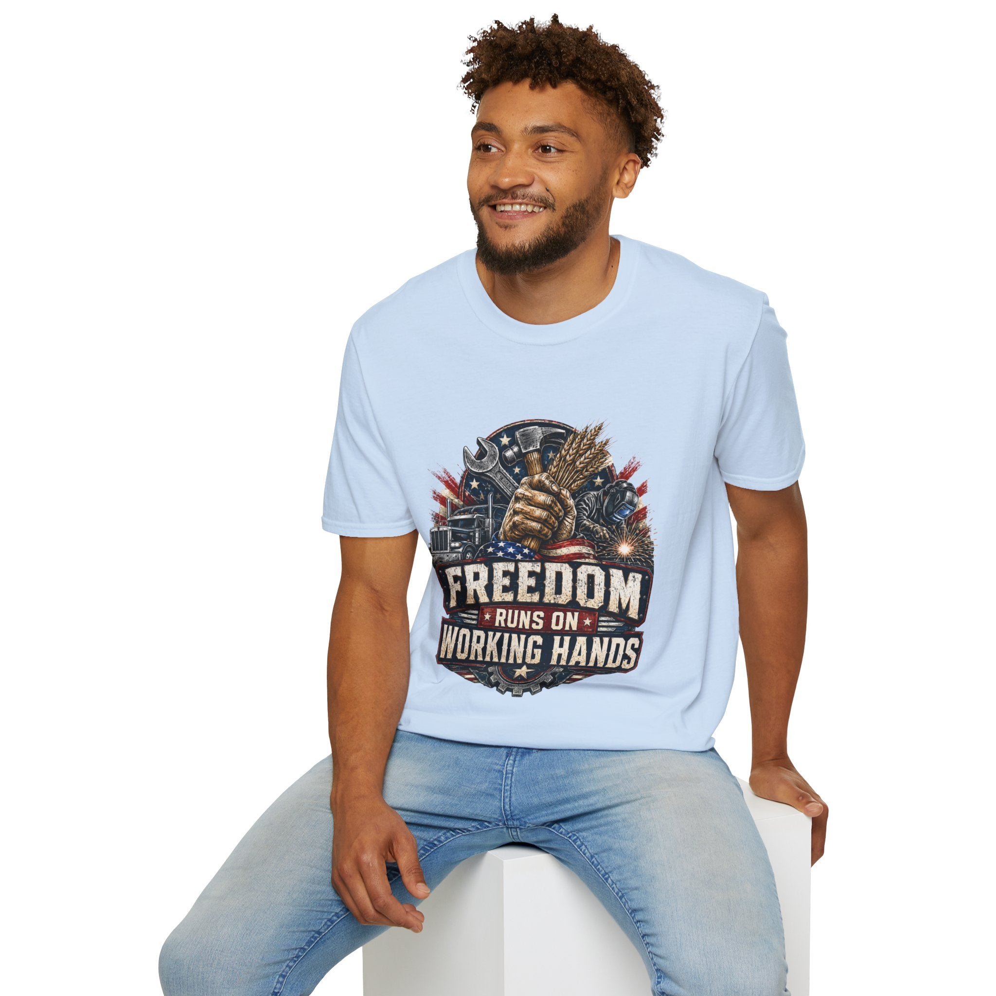 Freedom Runs on Working Hands T-Shirt — Patriotic Mechanic Tool & Wheat Design