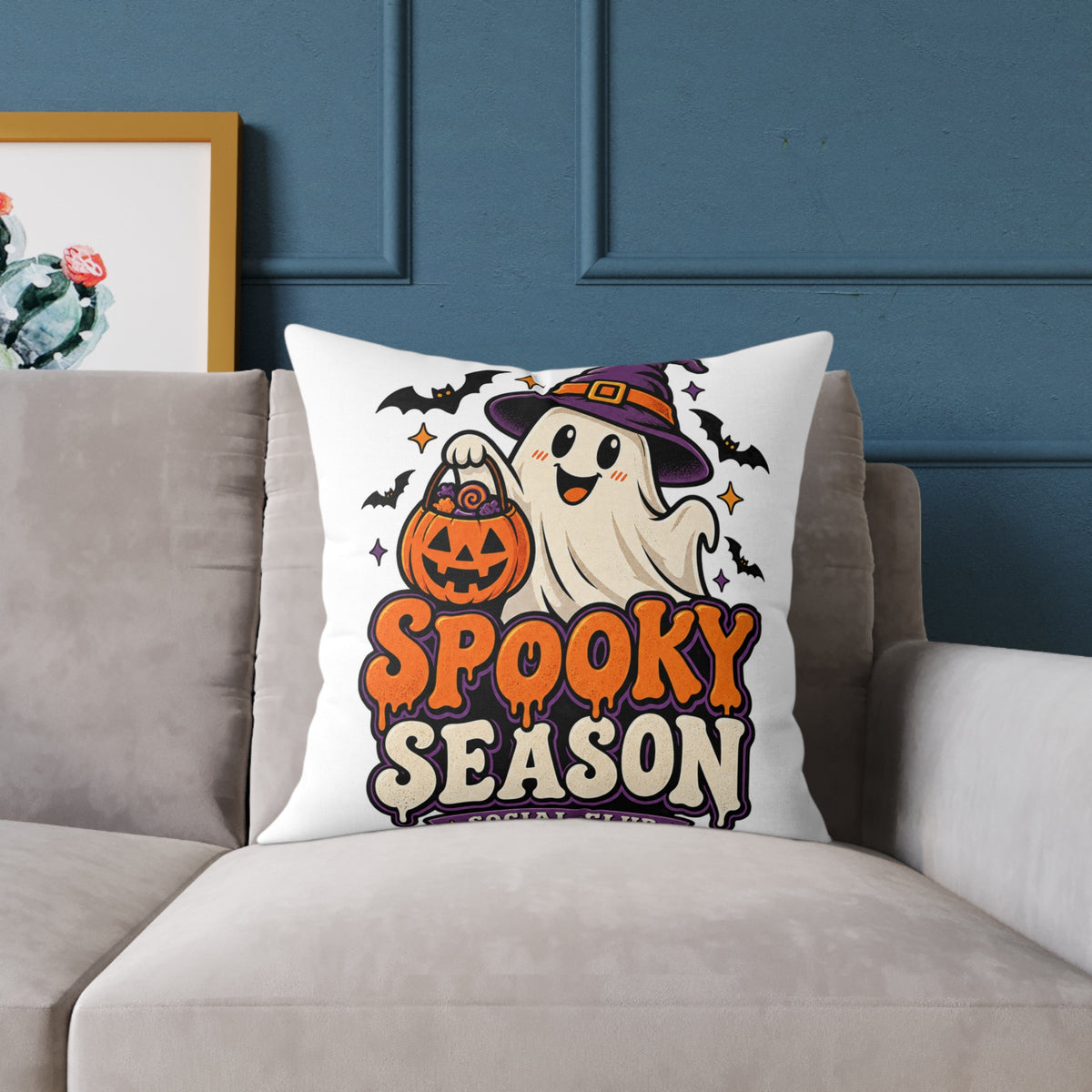 Spooky Season Halloween Pillow - Cute Ghost & Pumpkin Square Throw Pillow