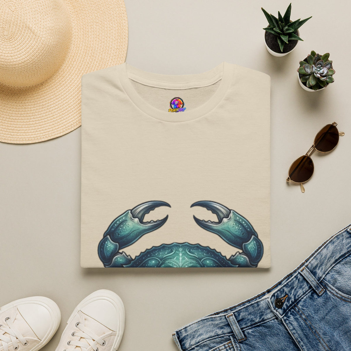 Cancer Zodiac Crabby Coastal Tee - Blue Green Crab Graphic T-Shirt