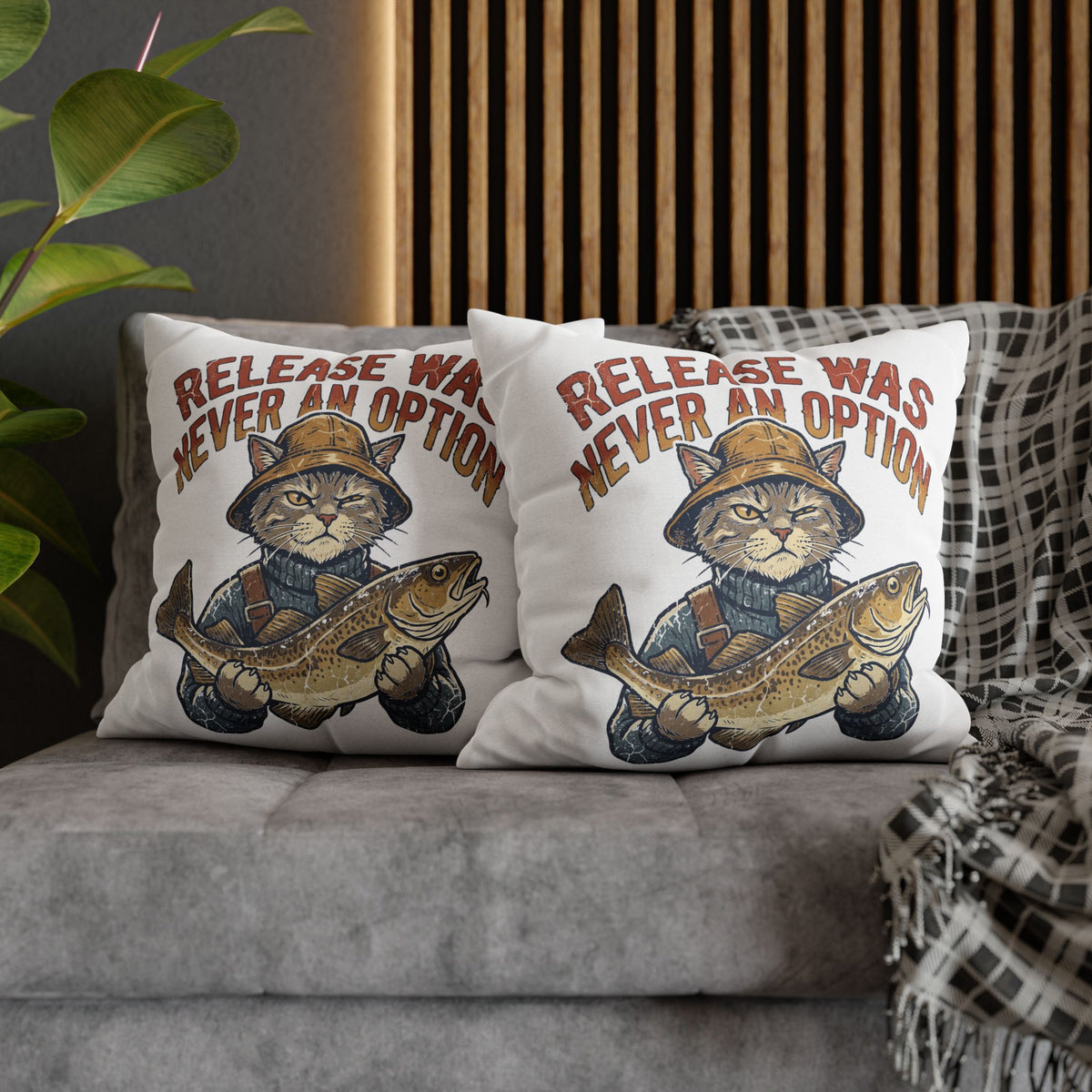 Funny Cat Angler Pillowcase - "Release Was Never An Option" Fishing Throw Pillow