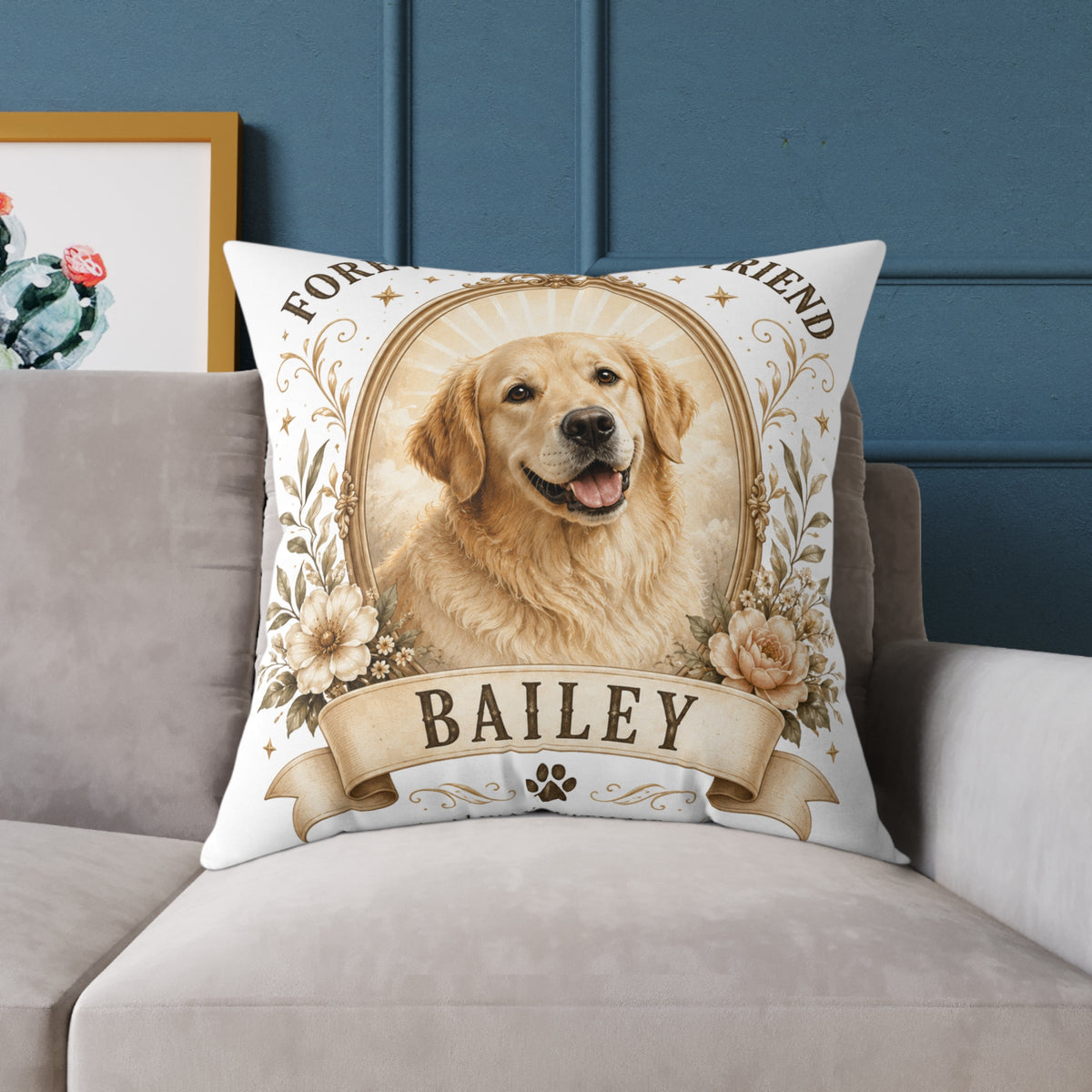 Pet Memorial Pillow Milo Bailey Dog Dad Mom— Personalized "Bailey" Golden Retriever Tribute Square Pillow
