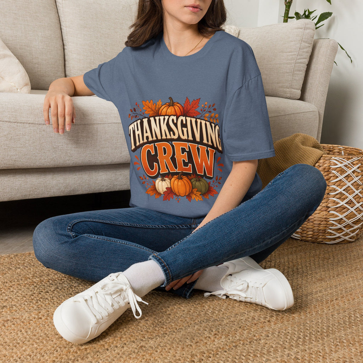 Thanksgiving T-Shirt Crew T-Shirt— Festive Pumpkin & Fall Leaves Holiday Tee