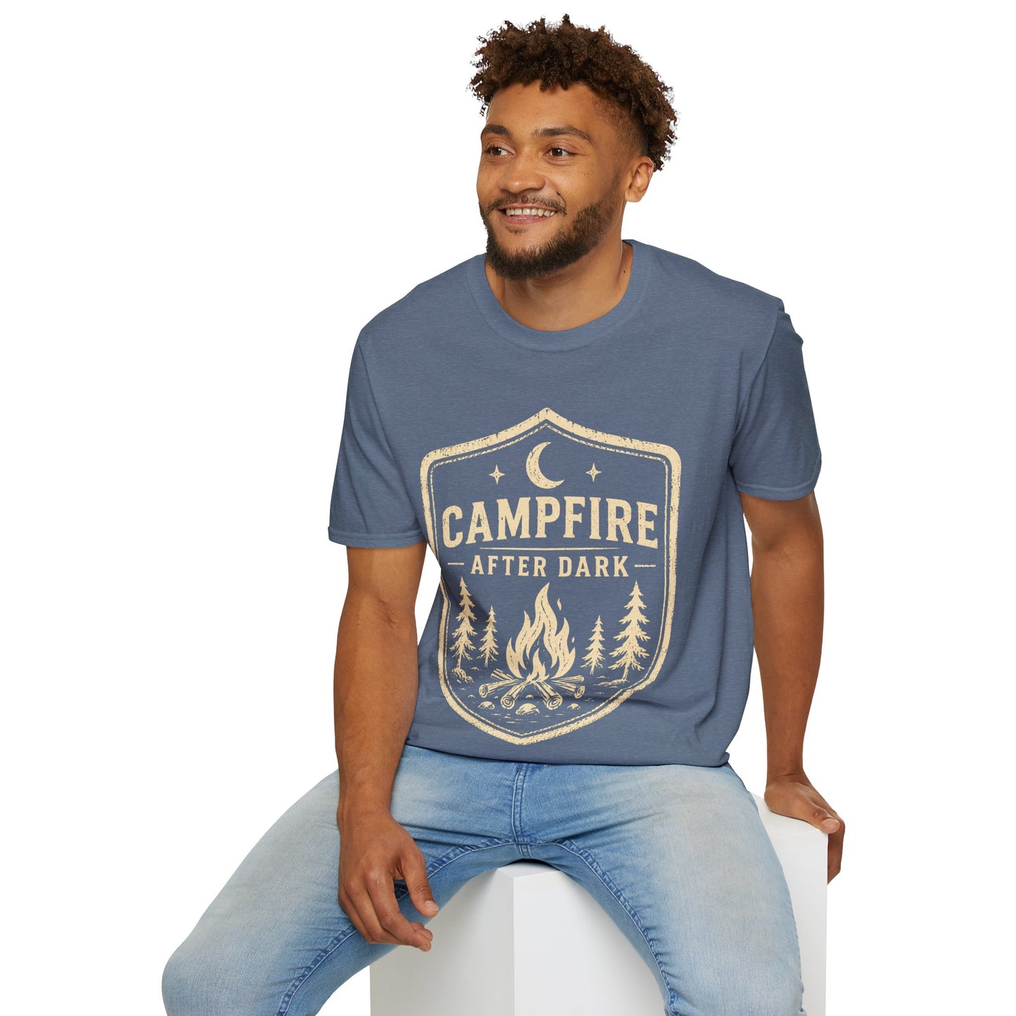 Campfire After Dark T-Shirt — Retro Camping Badge Tee for Outdoor Lovers