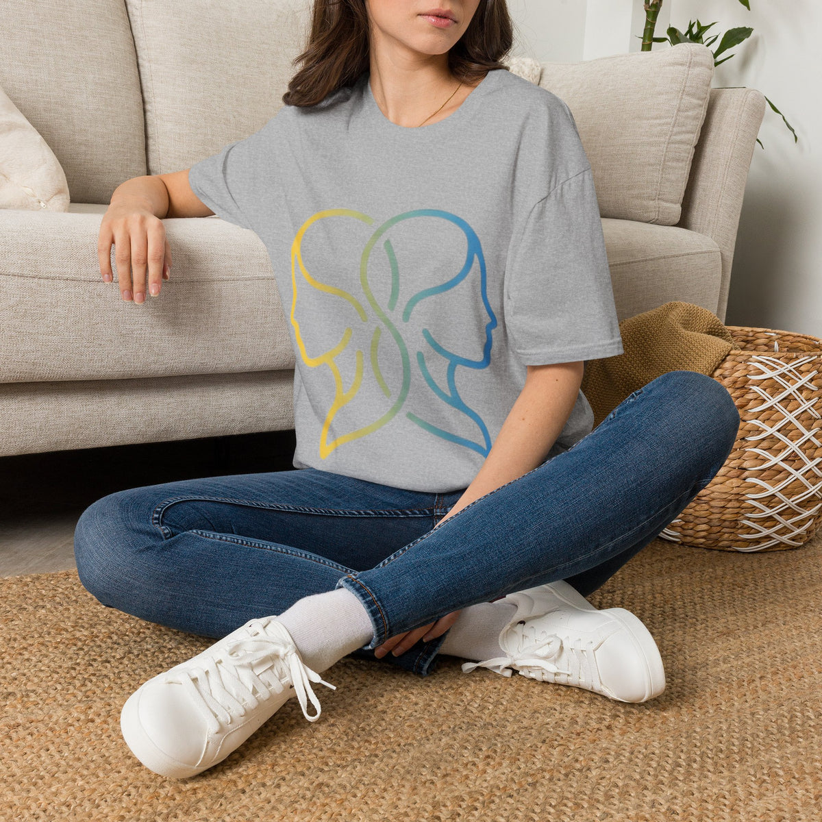 Twin Profile Line Art T‑Shirt — Gradient Sisterhood Outline Tee