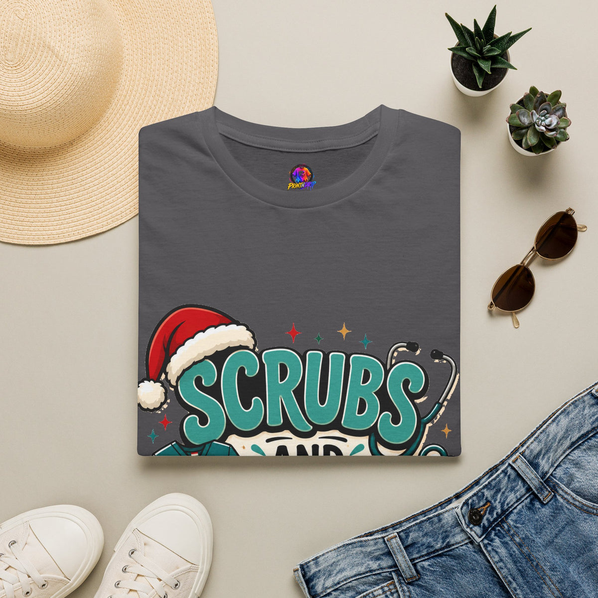 Scrubs and Santa Christmas T-Shirt — Cute Holiday Nurse Tee