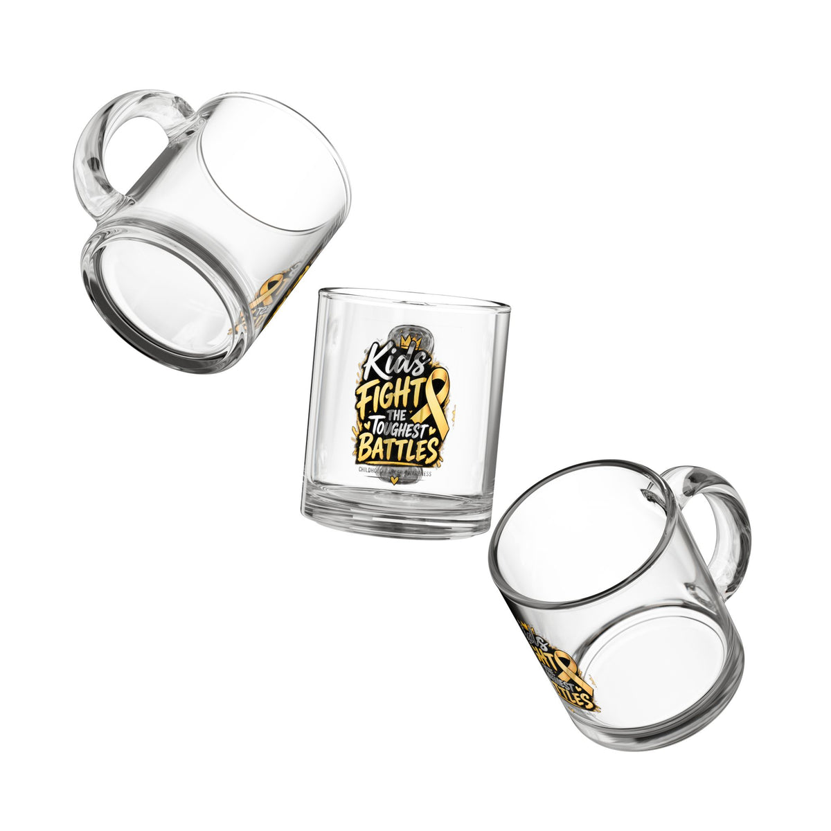 Kids Fight the Toughest Battles Glass Mug — 10oz Childhood Cancer Awareness Ribbon Coffee Cup