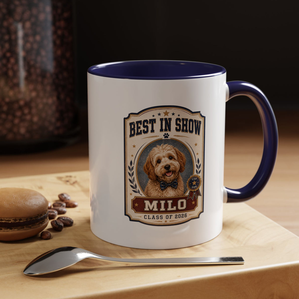 Milo Bailey Dog Dad Mom Best in Show Personalized Dog Mug — "Milo" Class of 2028 Accent Coffee Mug