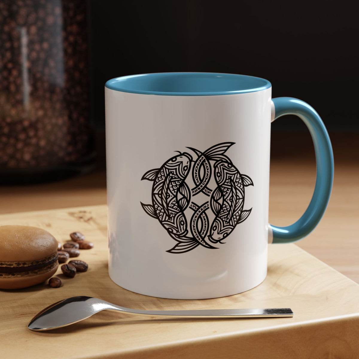 Pisces Zodiac Turtle Mandala Accent Coffee Mug – Black Interior & Handle, Intricate Tribal Sea Turtle Design