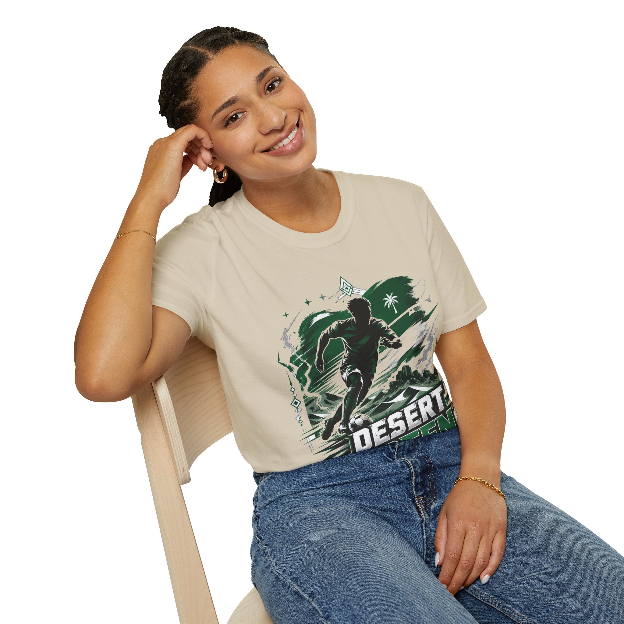 Saudi Arabia Desert Green Soccer T-Shirt — Silhouette Player Graphic