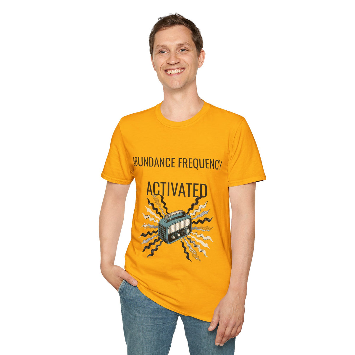 "Abundance Frequency Activated" Retro Radio Tee - Aesthetic Law Of Attraction Manifest White T-Shirt - Trending Now - September 2026