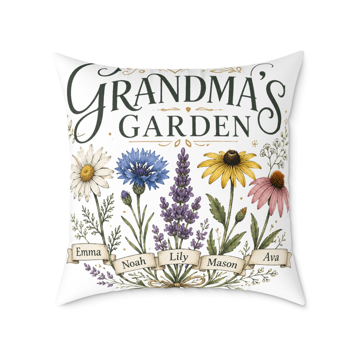 Grandma's Garden Floral Throw Pillow  Milo Bailey Dog Dad Mom— Personalized Family Names