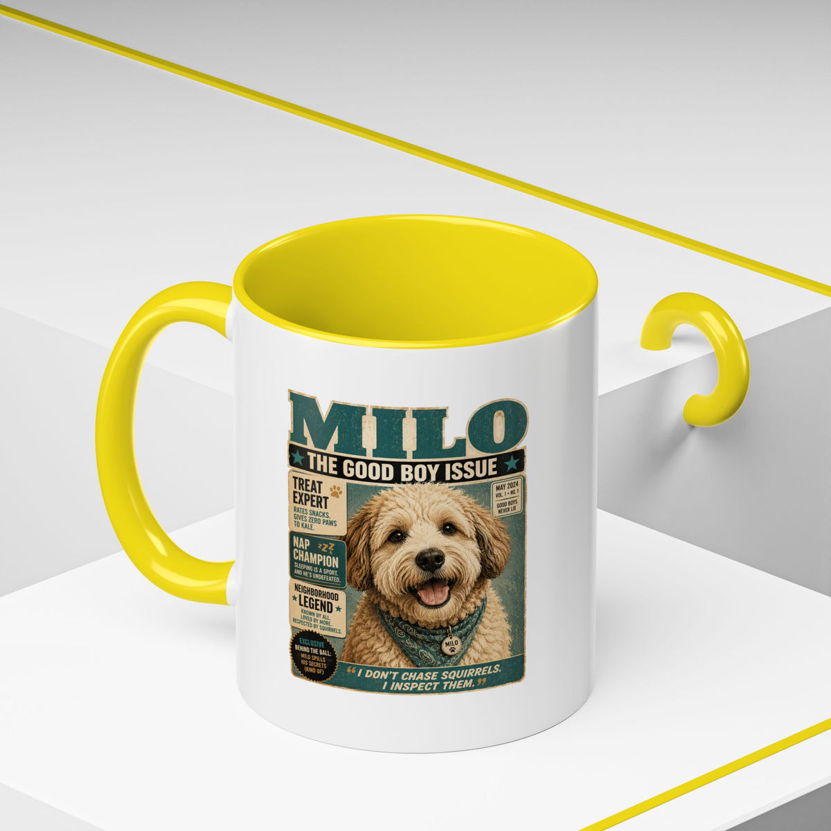 Milo Bailey Dog Dad Mom Milo 'The Good Boy Issue' Accent Coffee Mug – Cute Dog Magazine Cover Design