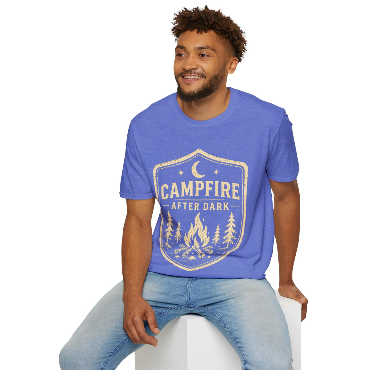 Campfire After Dark T-Shirt — Retro Camping Badge Tee for Outdoor Lovers