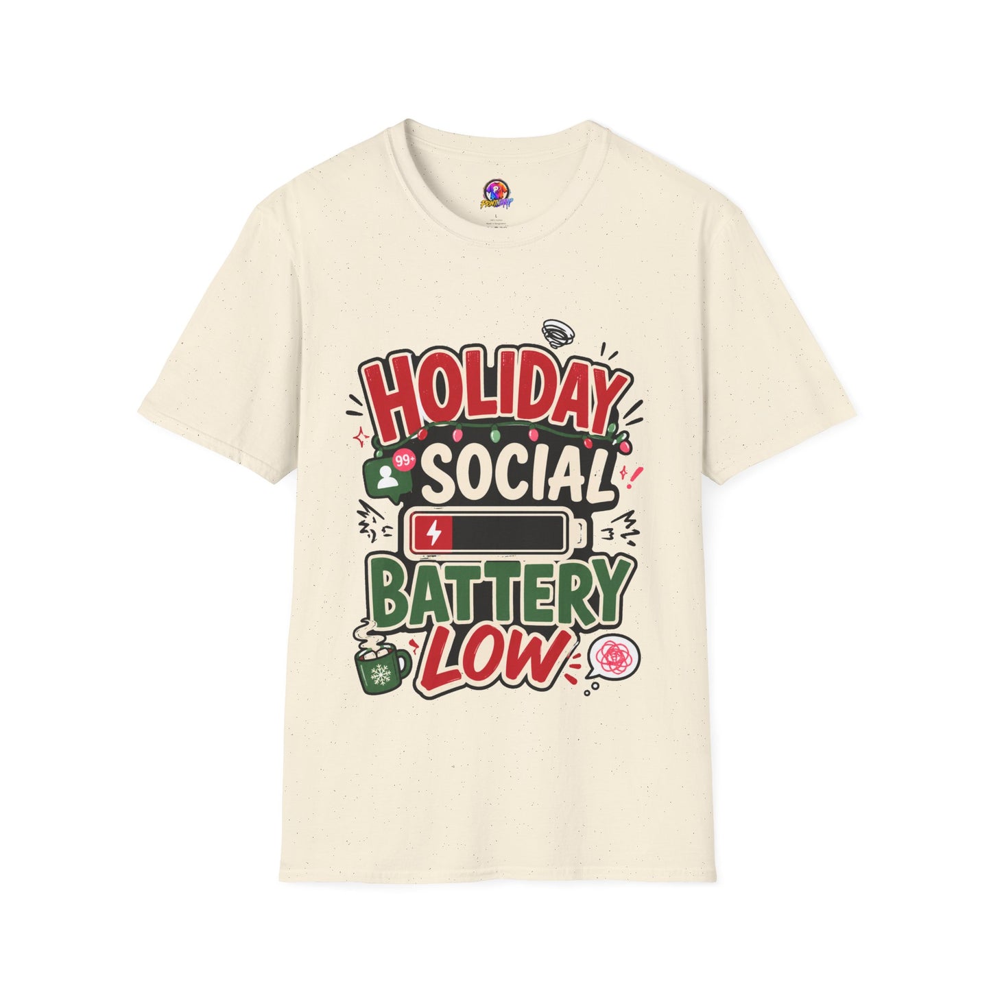 Holiday Social "Battery Low" T‑Shirt — Funny Festive Party Tee for Introverts & Holiday Gatherings