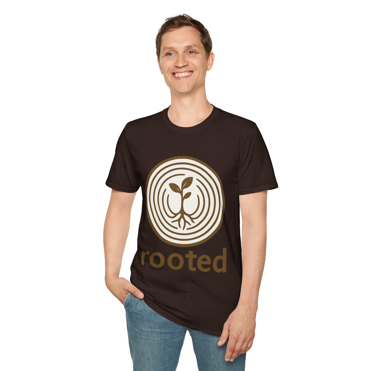 "Rooted" Retro Tree Ring Sapling Tee - Minimalist Earthy Growth Nature White T-Shirt - Trending Now - September 2026