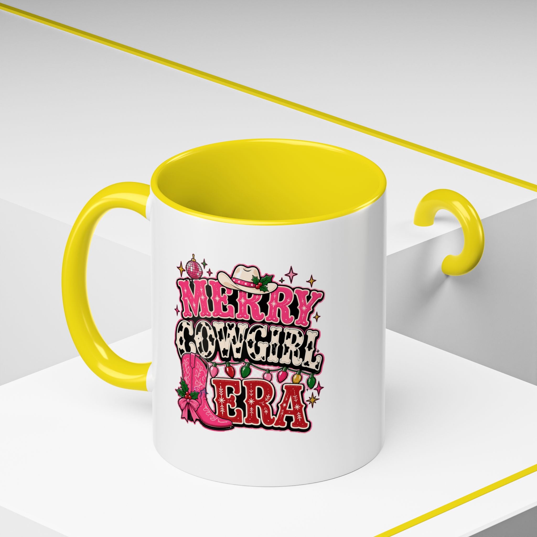 Modern Day Christmas Merry Cowgirl Era Accent Coffee Mug — Festive Pink Western Cowboy Boots & Hat Mug