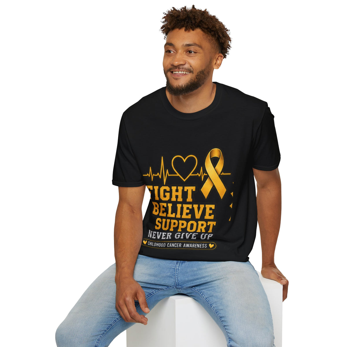 Childhood Cancer Awareness T-Shirt – "Fight Believe Support Never Give Up" Gold Ribbon Tee