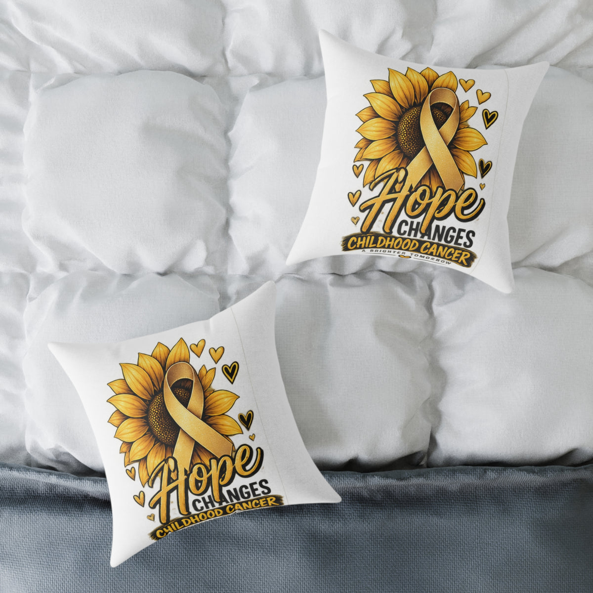 Childhood Cancer Awareness Pillow — 'Hope Changes' Sunflower Ribbon Square Throw Pillow