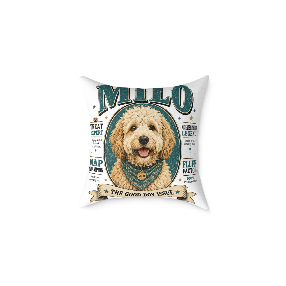 Milo Bailey Dog Dad Mom Square Pillow — "Milo: The Good Boy Issue" Dog Portrait Decorative Throw Pillow