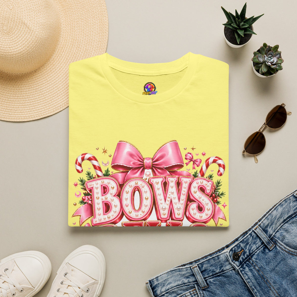 Bows Bells Bliss Christmas T‑Shirt — Pink Holiday Bow Graphic