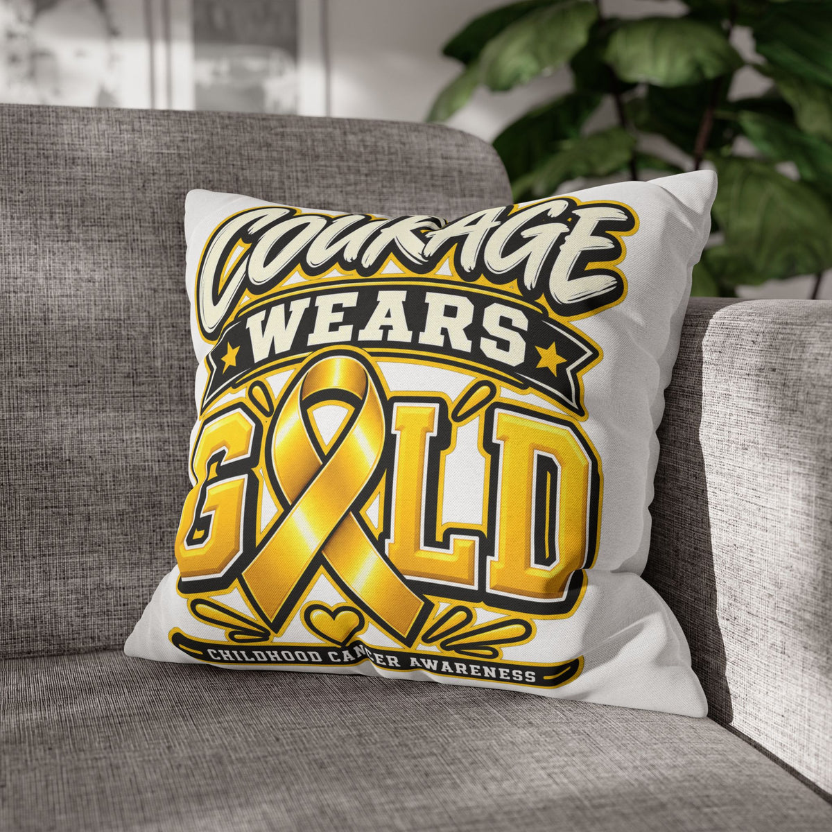 Courage Wears Gold Pillowcase – Childhood Cancer Awareness Cushion Cover