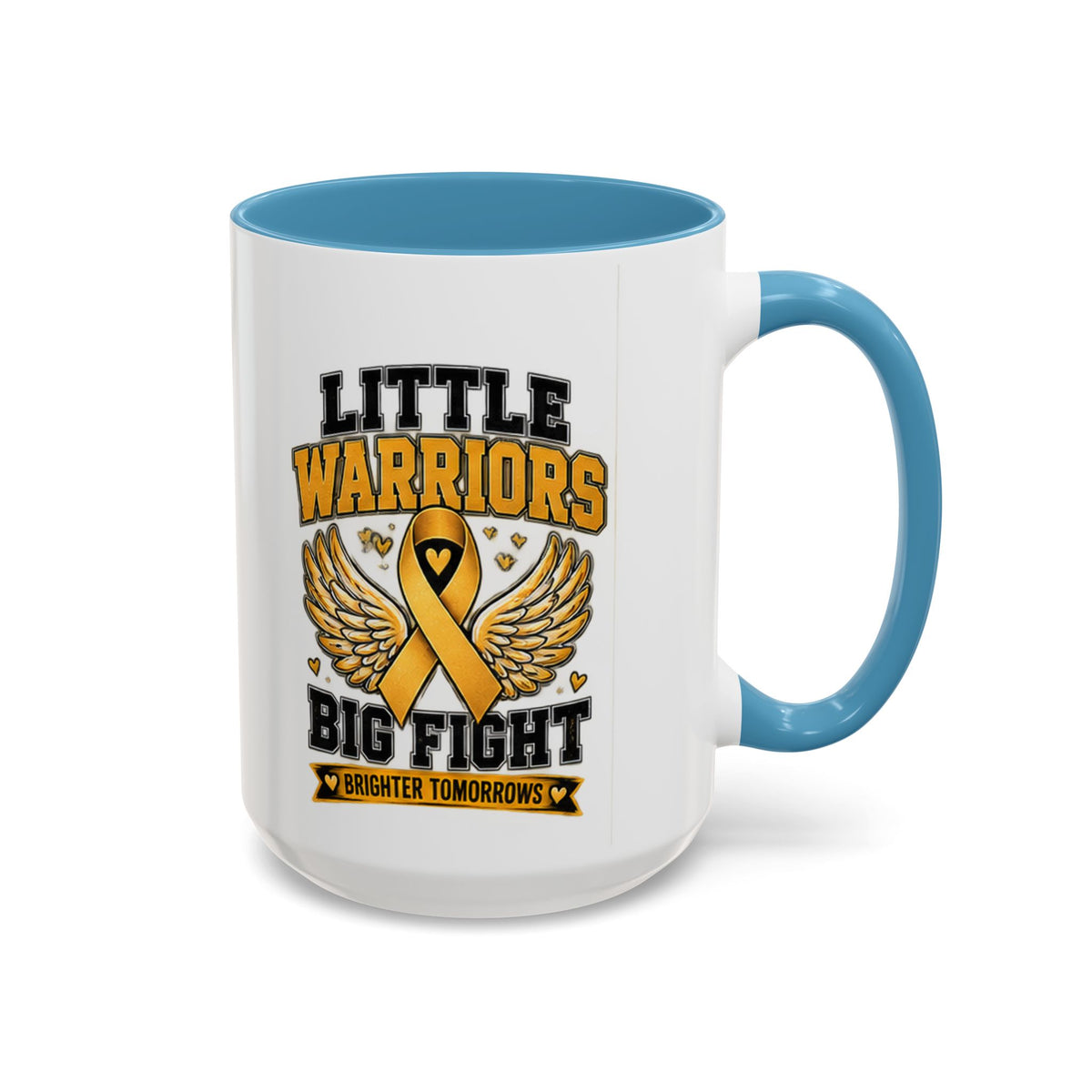Little Warriors Big Fight Childhood Cancer Awareness Coffee Mug — Gold Ribbon Support Accent Mug