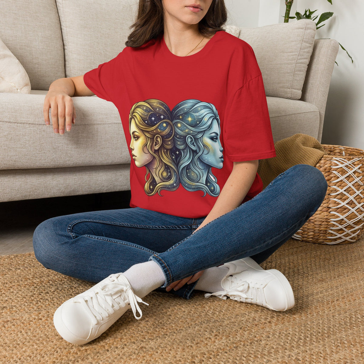 Zodiac Gemini Sun & Moon T-Shirt — Dual Faces Cosmic Design
