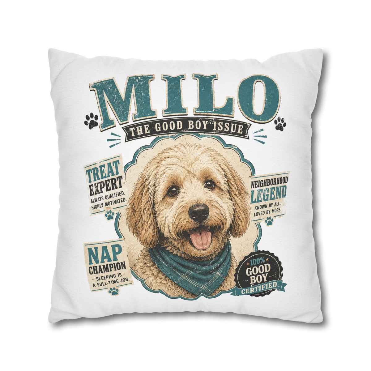 Milo 'The Good Boy Issue' Decorative Dog Pillowcase — Personalized Pet Name Cushion Cover Milo Bailey Dog Dad Mom