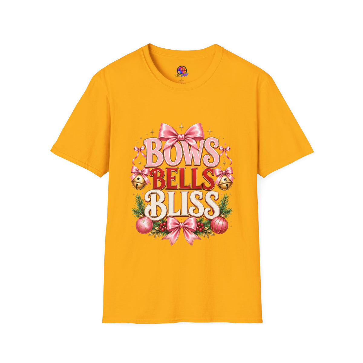 T-Shirt — "Bows Bells Bliss" Pink Holiday Graphic Tee