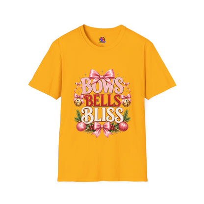 T-Shirt — "Bows Bells Bliss" Pink Holiday Graphic Tee