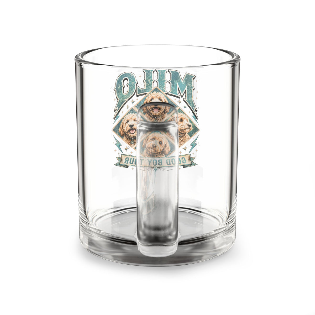 Milo "Good Boy Four" 10oz Glass Mug — Personalized Dog Photo Coffee Cup Milo Bailey Dog Dad Mom  Glass Mug 10 oz