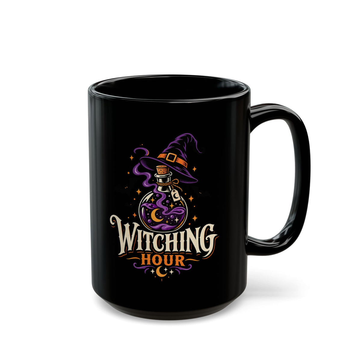 Witching Hour Black Mug — Spooky Halloween Witch Hat & Potion Coffee Cup (11oz/15oz)