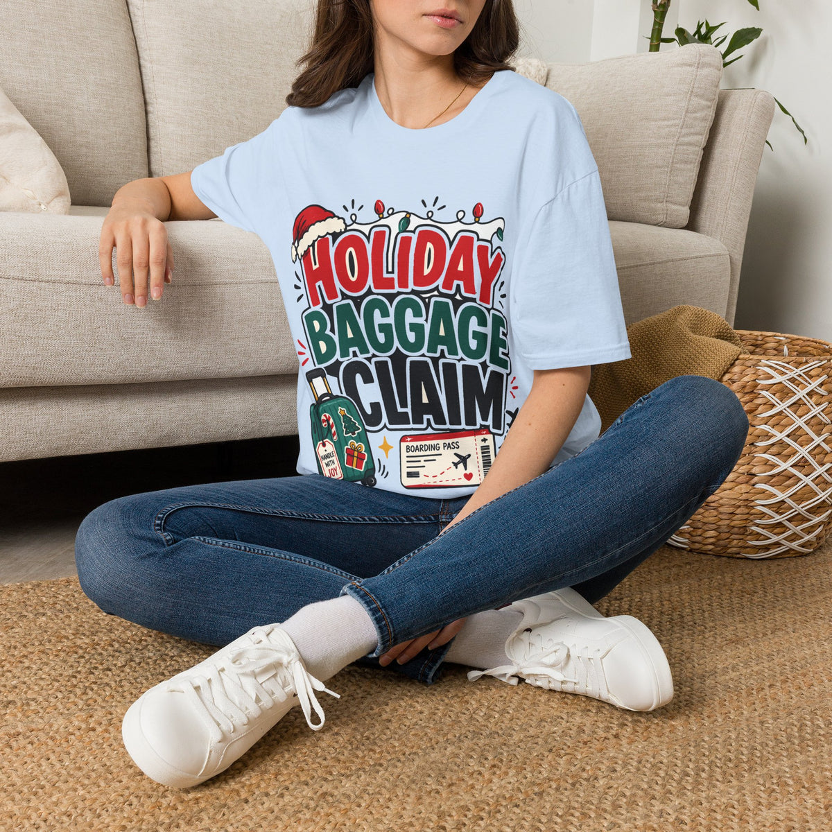 Holiday Baggage Claim T-Shirt — Funny Christmas Vacation Tee with Santa Hat & Lights