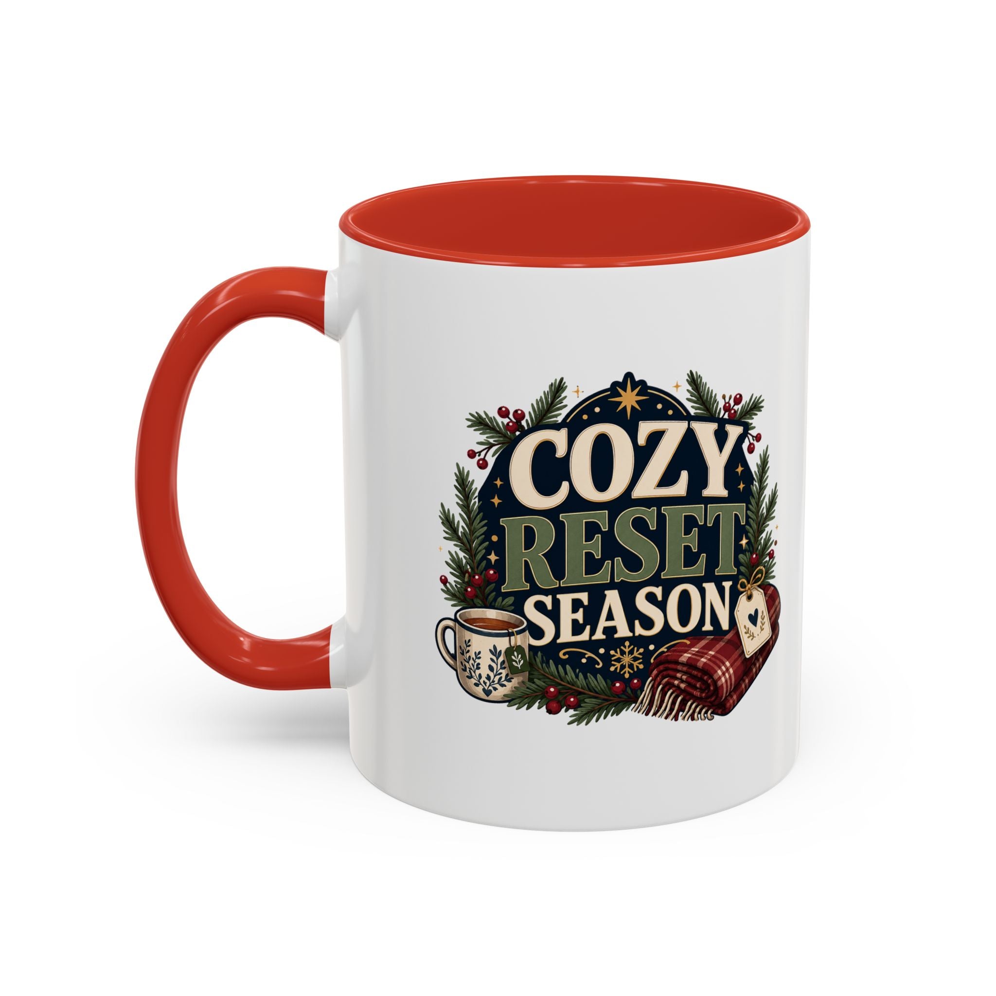 Modern Day Christmas Cozy Reset Season Mug — Holiday Coffee Cup with Blanket & Tea Tag Design