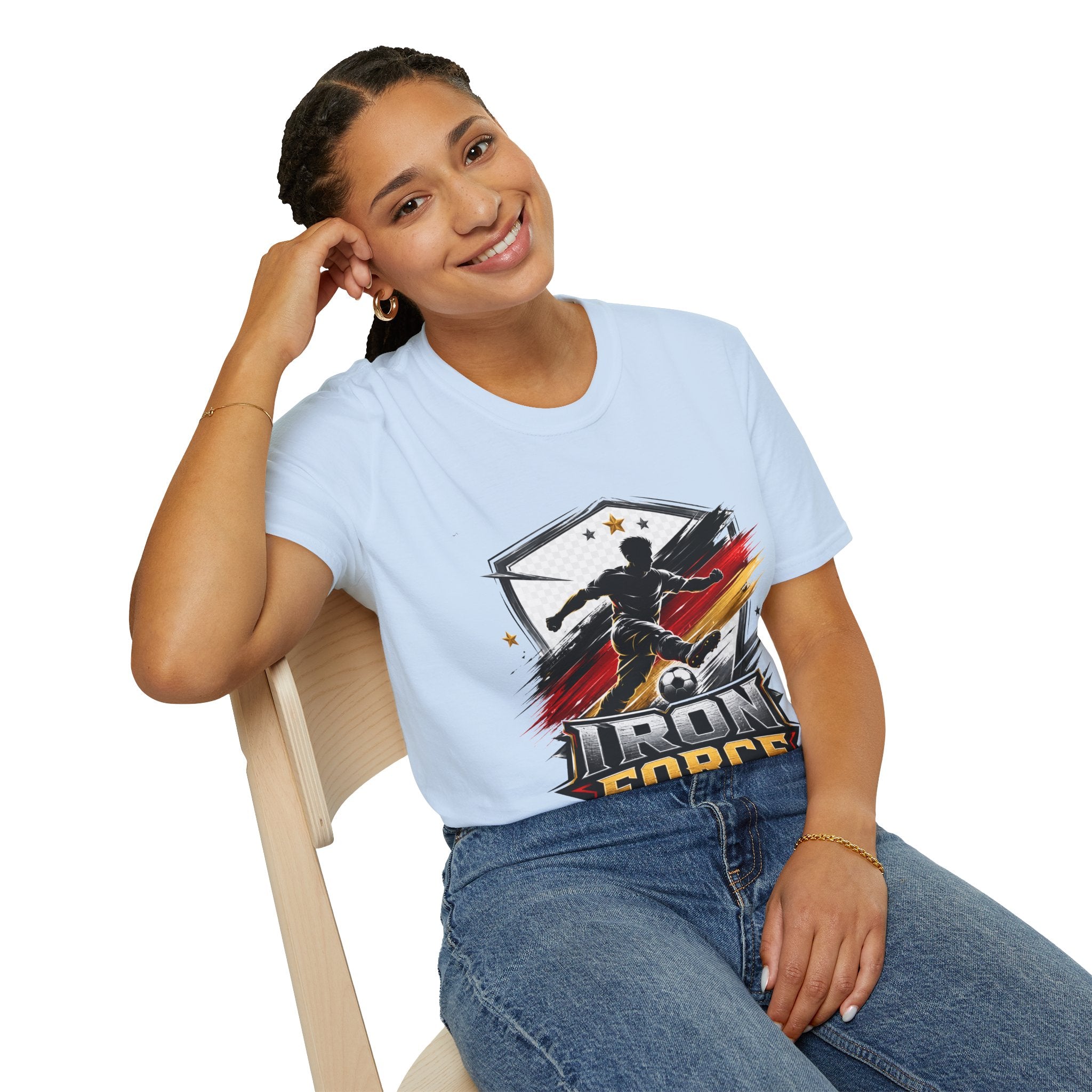 Germany Soccer 'Iron Force' Graphic T-Shirt — Player Silhouette with Red & Gold Brushstroke Emblem
