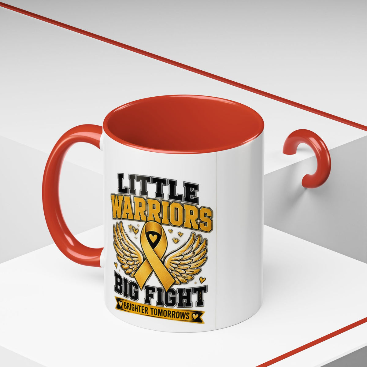 Little Warriors Big Fight Childhood Cancer Awareness Coffee Mug — Gold Ribbon Support Accent Mug