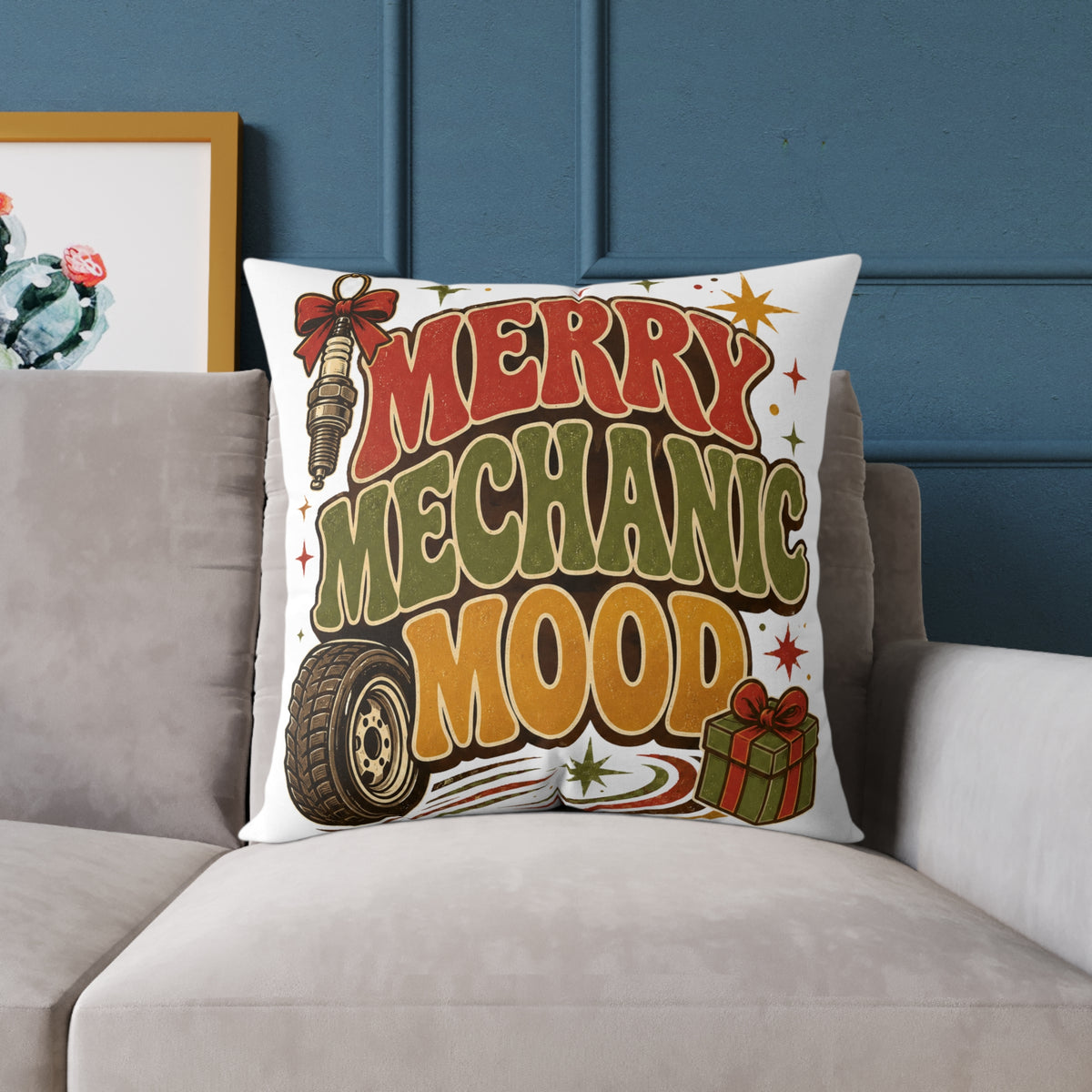 Modern Day Christmas Merry Mechanic Mood Pillow - Christmas Car Mechanic Holiday Throw Pillow