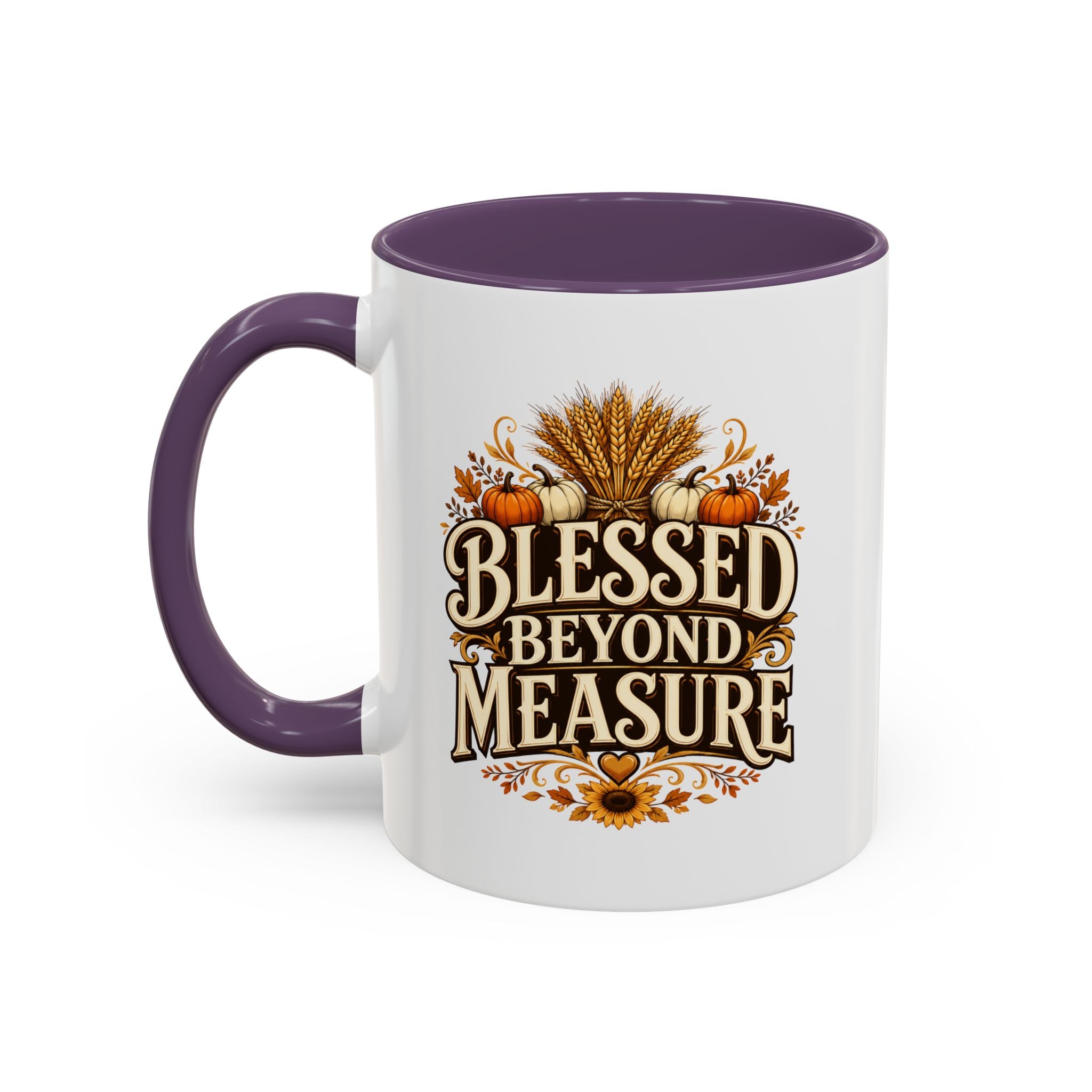 Thanksgiving Mug Blessed Beyond Measure Accent Coffee Mug — Fall Pumpkin & Wheat Autumn Faith Mug