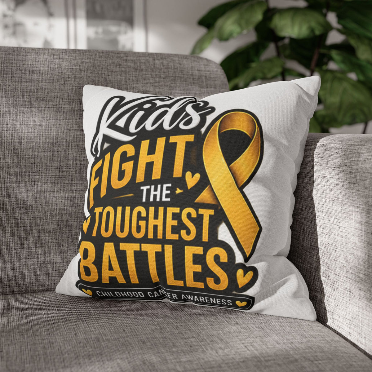 Childhood Cancer Awareness Pillowcase – “Kids Fight the Toughest Battles” Gold Ribbon Throw Pillow
