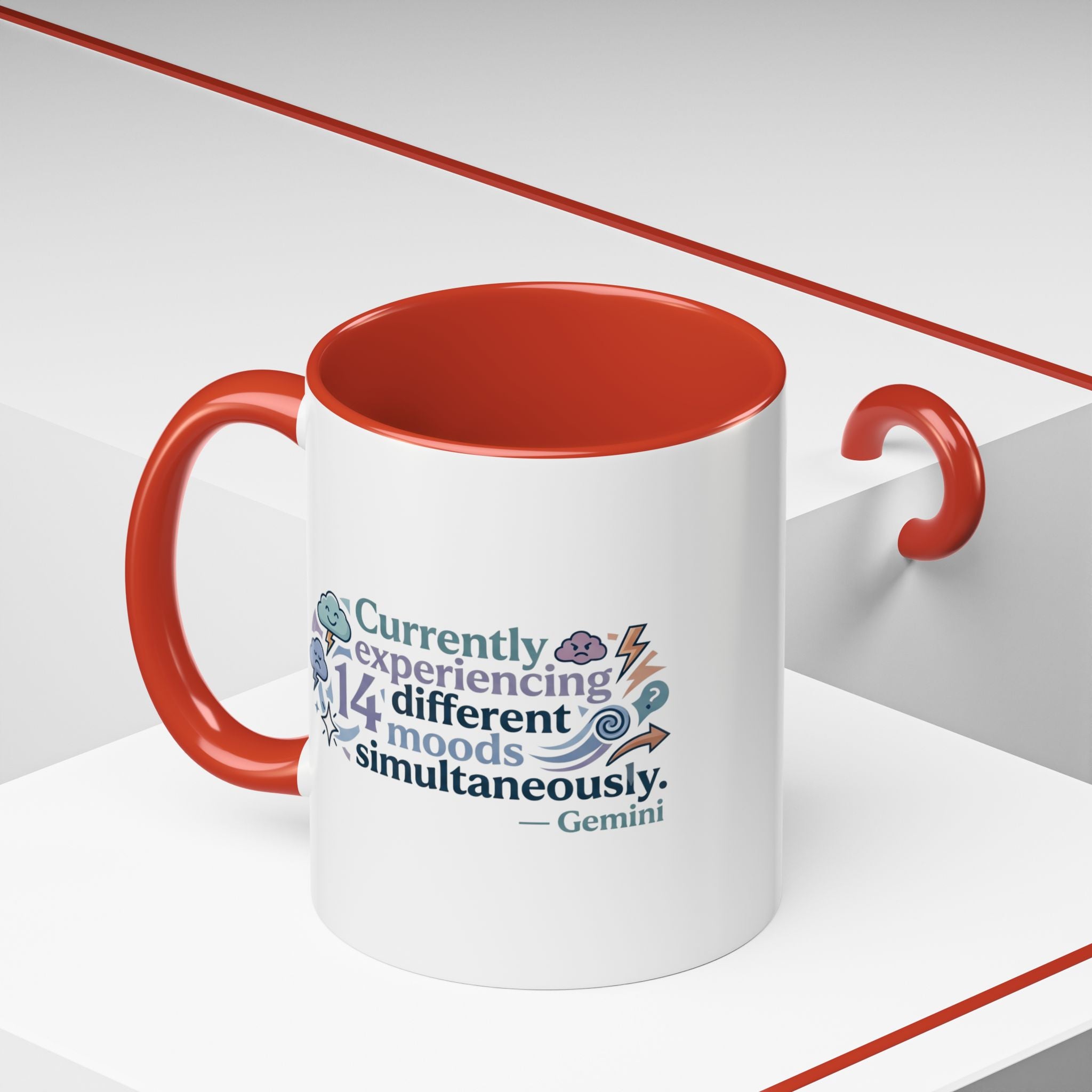Gemini Mood Coffee Mug — "Currently Experiencing 14 Different Moods" Accent Ceramic Mug