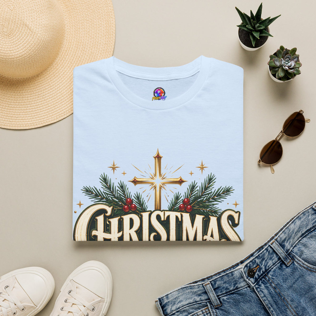 Christmas Blessed T-Shirt — Faith-Based Holiday Tee with Cross & Pine Design