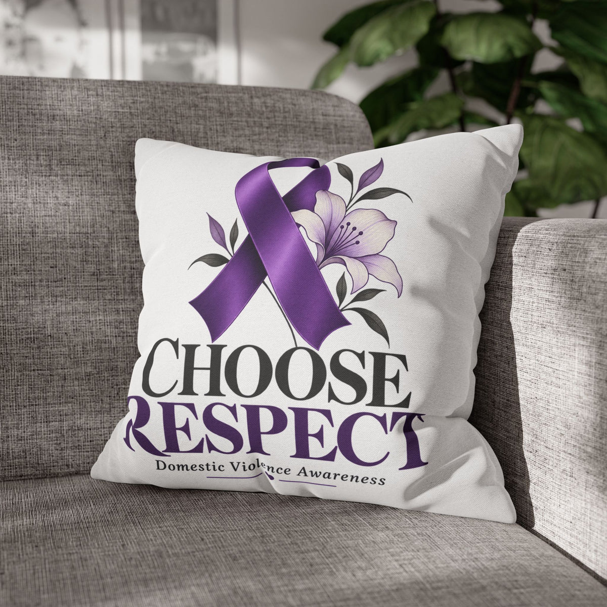 Choose Respect Purple Ribbon Pillowcase — Domestic Violence Awareness Decorative Throw Pillow