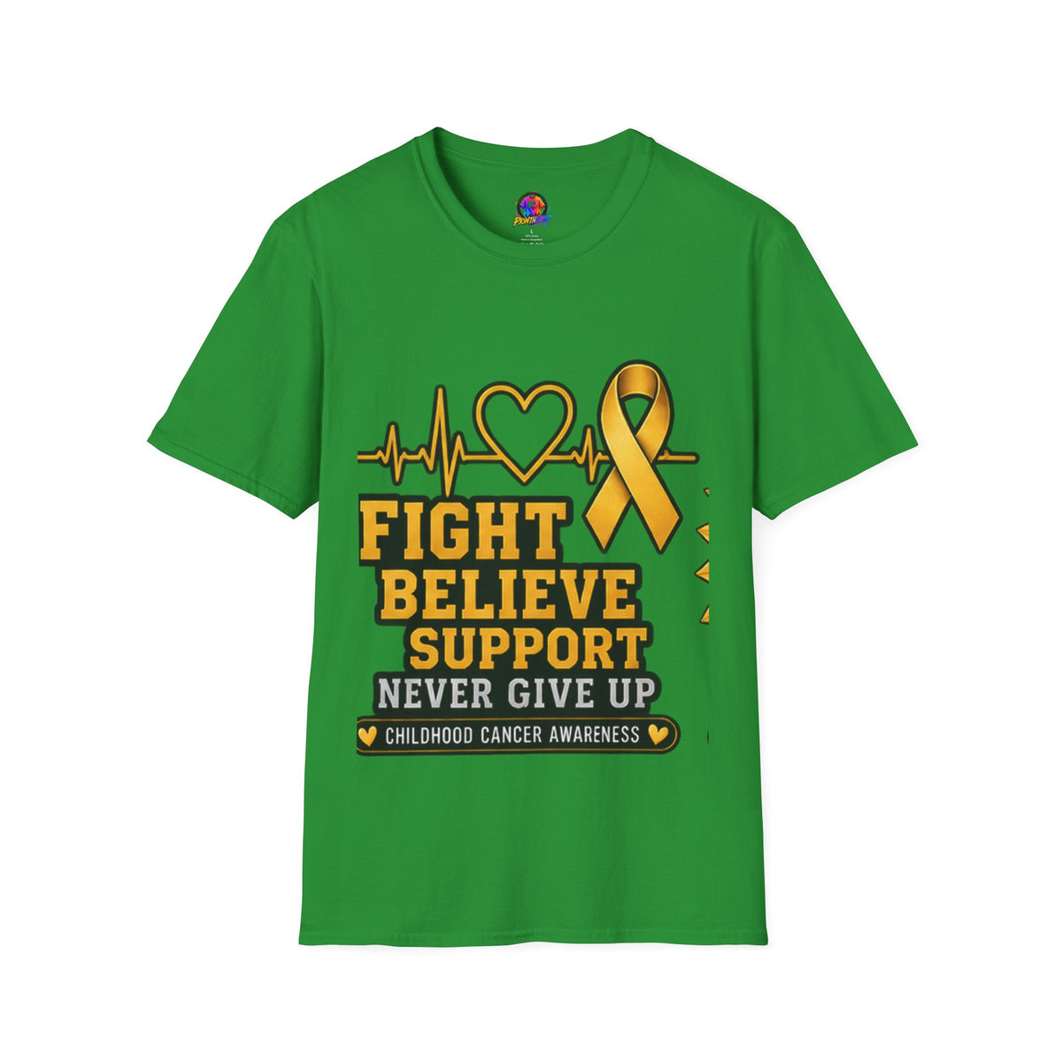 Childhood Cancer Awareness T-Shirt – "Fight Believe Support Never Give Up" Gold Ribbon Tee
